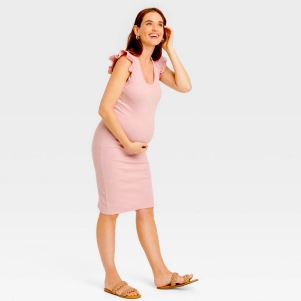 The Nines by HATCH Flutter‎ Short Sleeve Ribbed Jersey Maternity Dress Pink